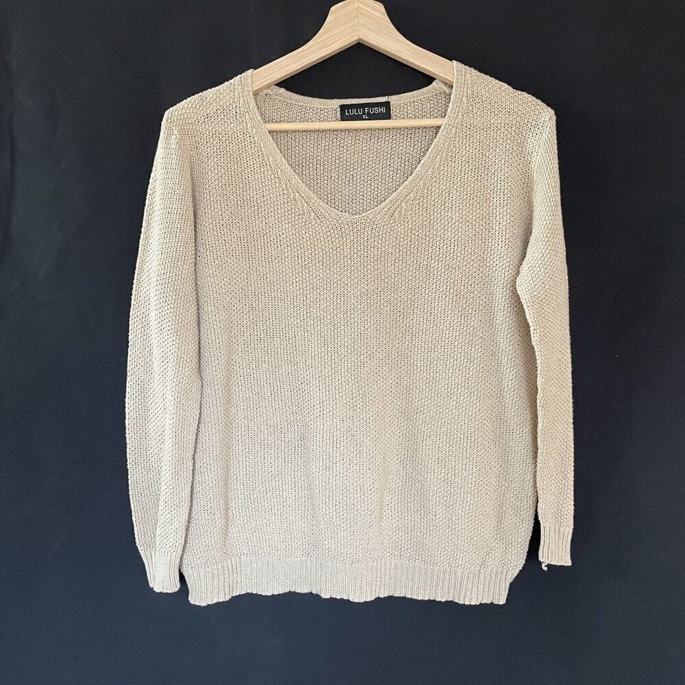 Lulu Fushi knit sweater women's size XL natural tan beige top minimalist